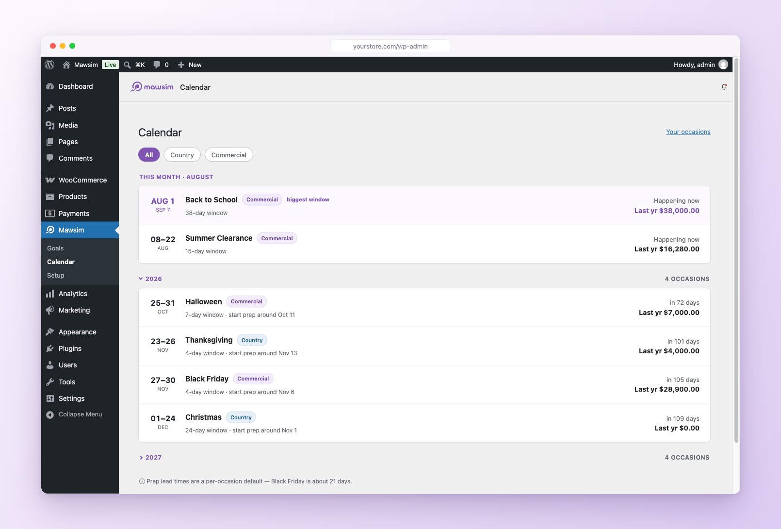 The Mawsim marketing calendar in WooCommerce, occasions sorted by proximity with prep lead times