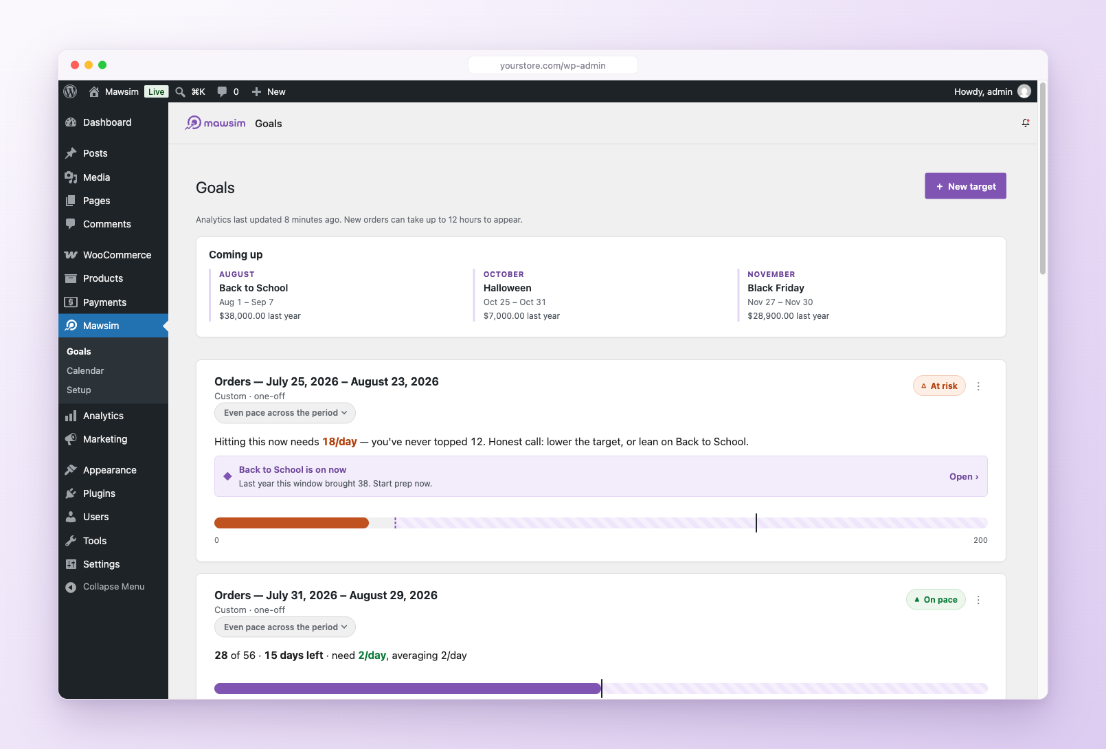 Mawsim goals dashboard in WooCommerce, a revenue goal tracked against a shaped pace marker