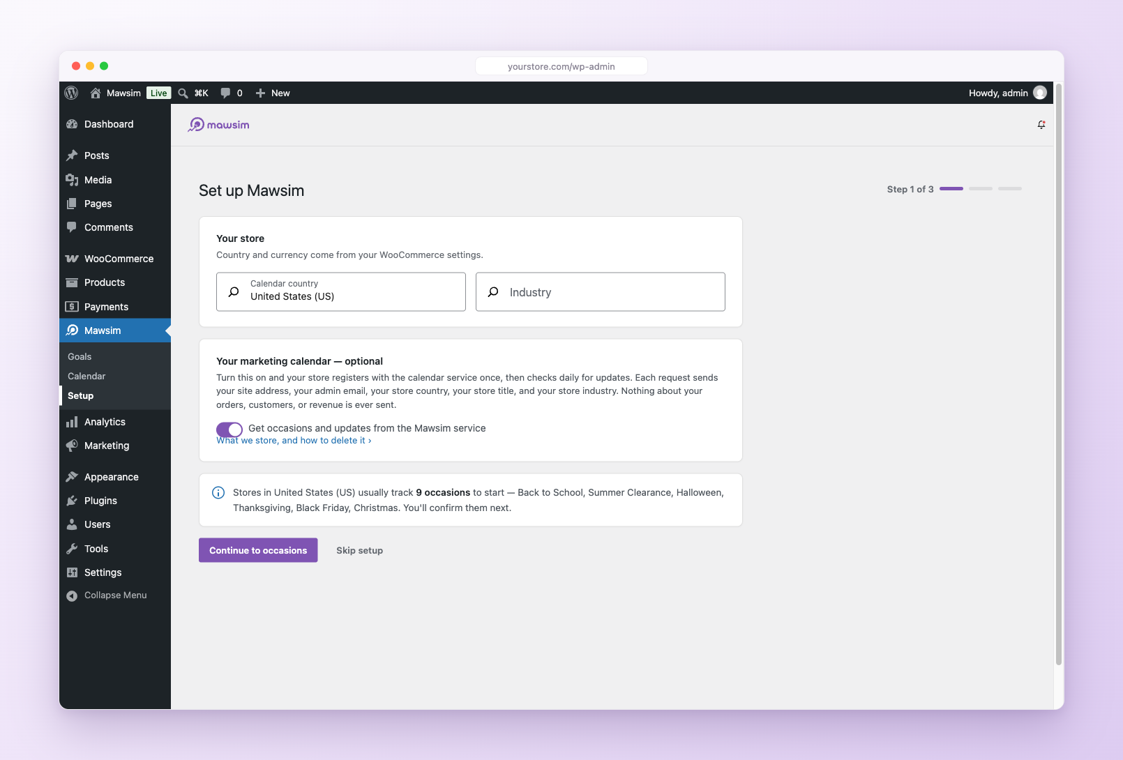 Mawsim setup, step one: country, industry, and the calendar service checkbox